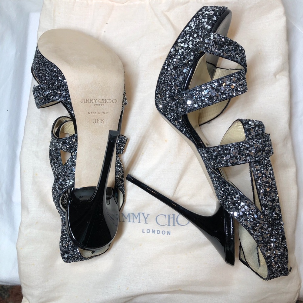 Jimmy Choo black and silver glitter heels sz 38.5